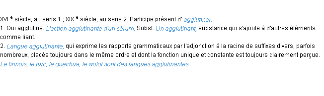 Définition agglutinant ACAD 1986