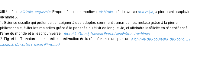 Définition alchimie ACAD 1986