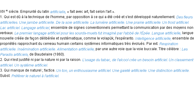 Définition artificiel ACAD 1986