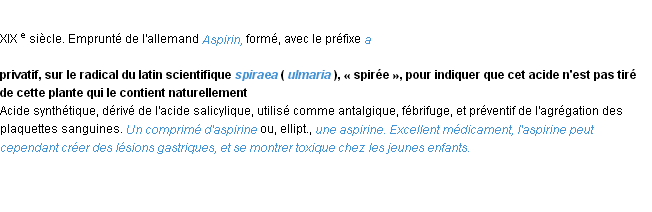 Définition aspirine ACAD 1986