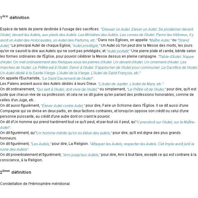 Définition autel ACAD 1798