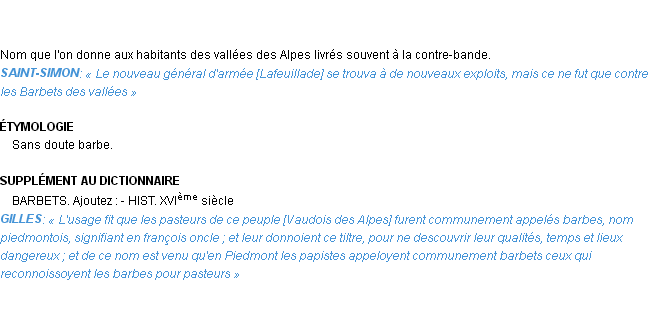 Définition barbets Emile Littré