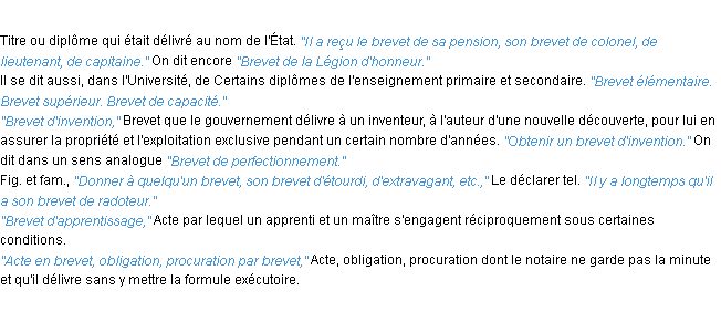 Définition brevet ACAD 1932