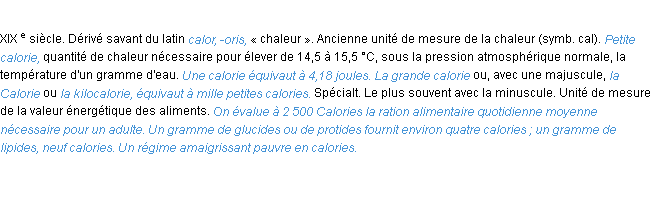 Définition calorie ACAD 1986