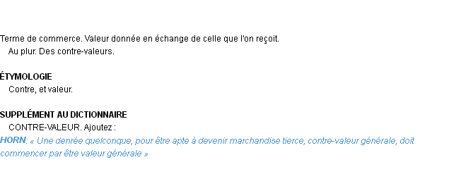 Définition contre-valeur Emile Littré