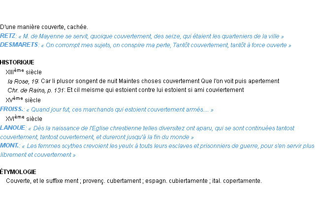 Définition couvertement Emile Littré