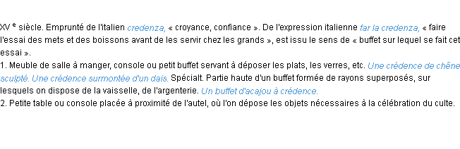 Définition crédence ACAD 1986