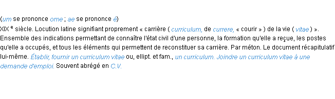 Définition curriculum vitae ACAD 1986