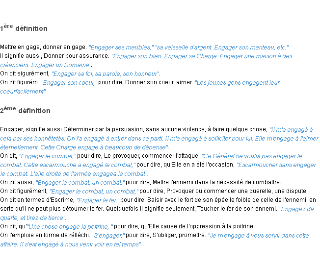 Définition engager ACAD 1798