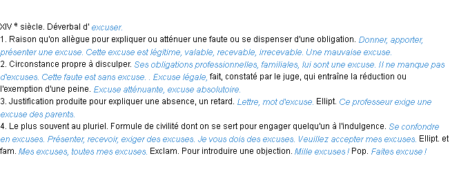 Définition excuse ACAD 1986