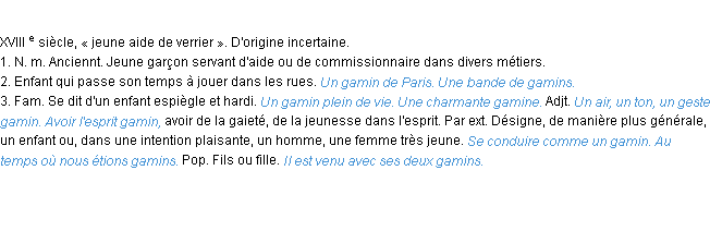 Définition gamin ACAD 1986