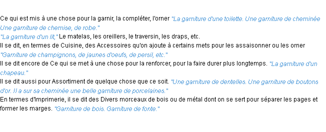 Définition garniture ACAD 1932