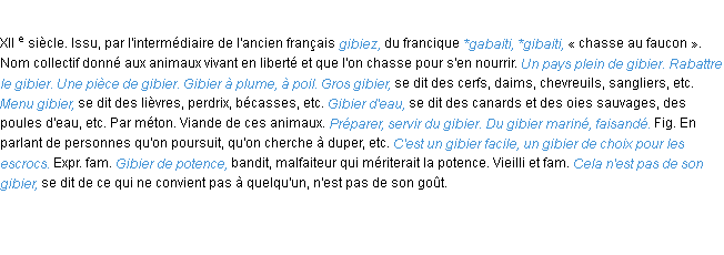 Définition gibier ACAD 1986