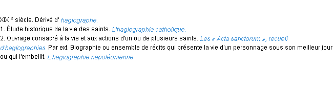 Définition hagiographie ACAD 1986