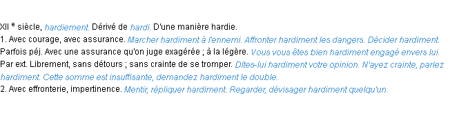 Définition hardiment ACAD 1986