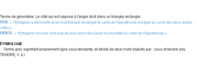 Définition hypoténuse Emile Littré