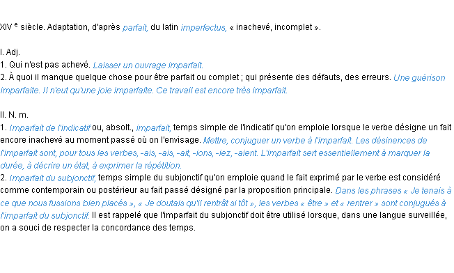 Définition imparfait ACAD 1986