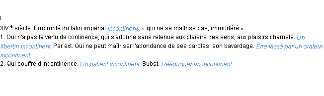 Définition incontinent ACAD 1986