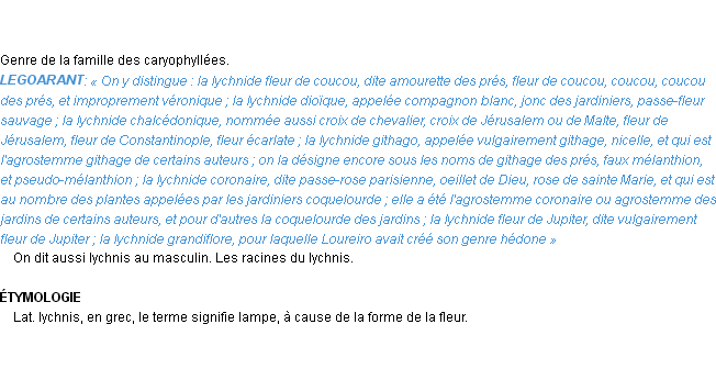 Définition lychnide Emile Littré