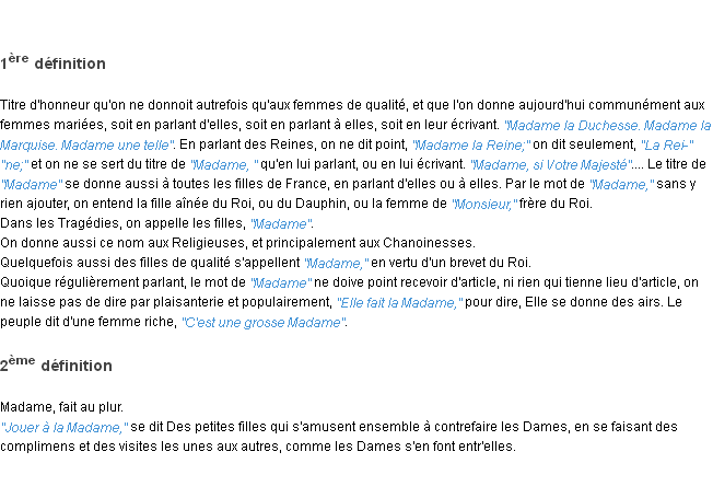 Définition madame ACAD 1798