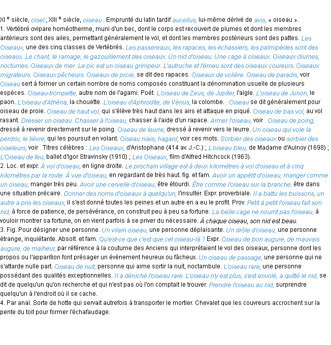 Définition oiseau ACAD 1986