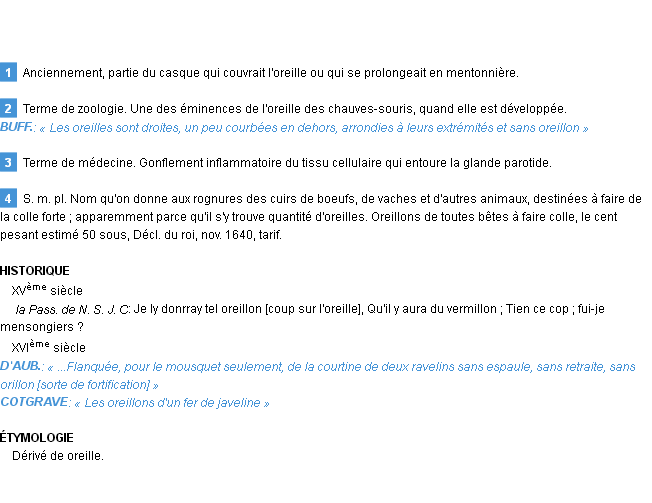 Définition oreillon Emile Littré