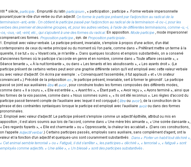 Définition participe ACAD 1986