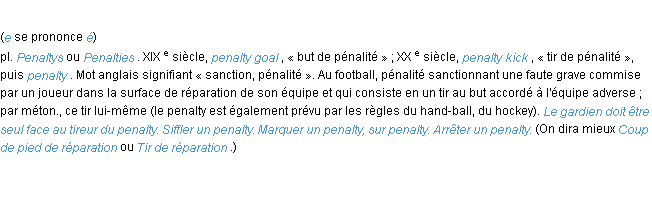 Définition penalty ACAD 1986