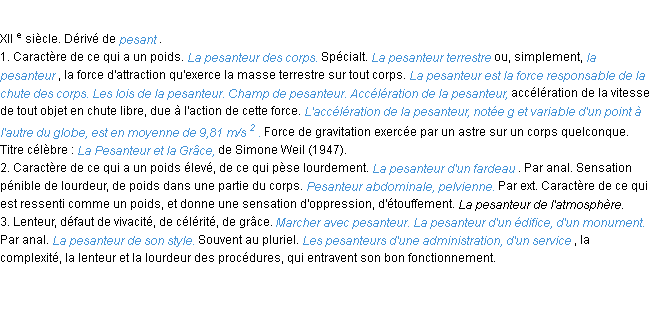 Définition pesanteur ACAD 1986