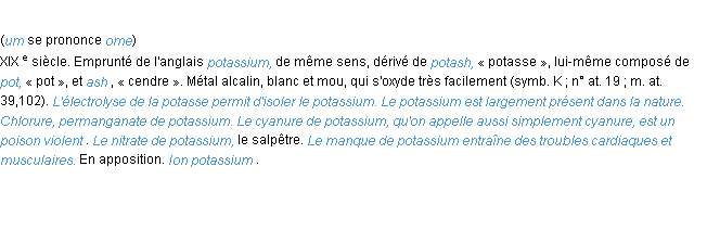 Définition potassium ACAD 1986