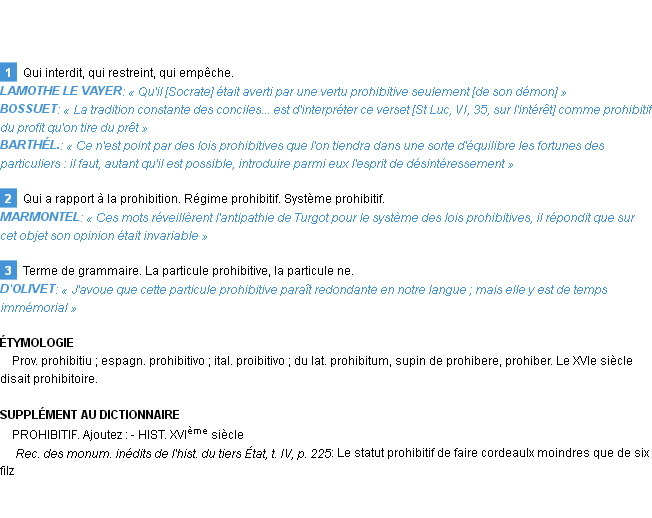 Définition prohibitif Emile Littré
