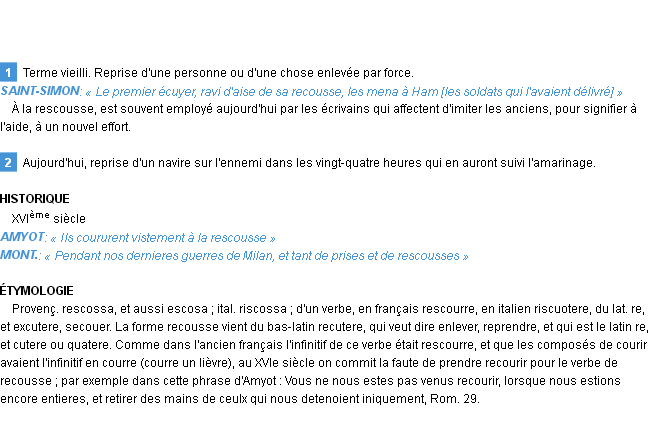 Définition recousse ou rescousse Emile Littré