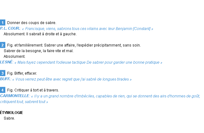 Définition sabrer Emile Littré