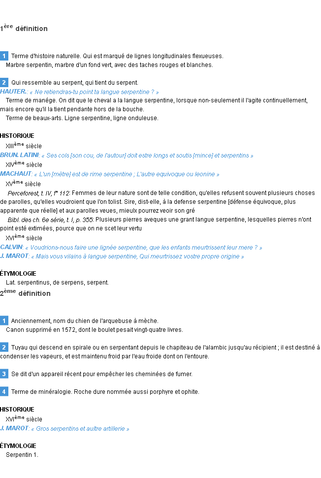 Définition serpentin Emile Littré