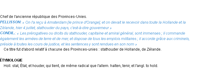 Définition stathouder Emile Littré