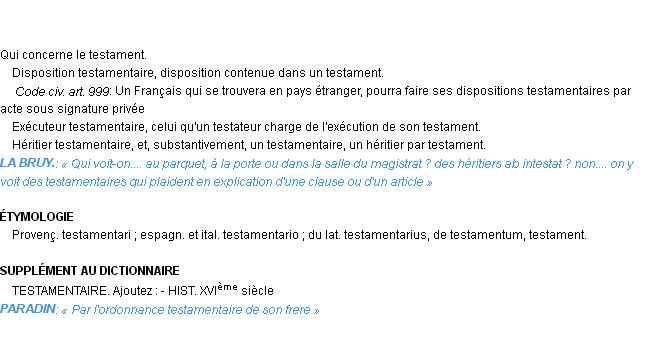 Définition testamentaire Emile Littré
