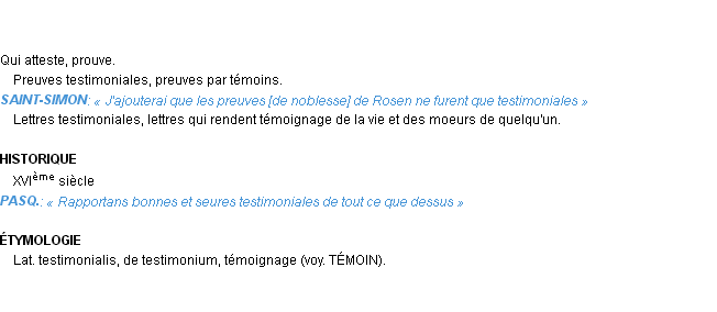 Définition testimonial Emile Littré