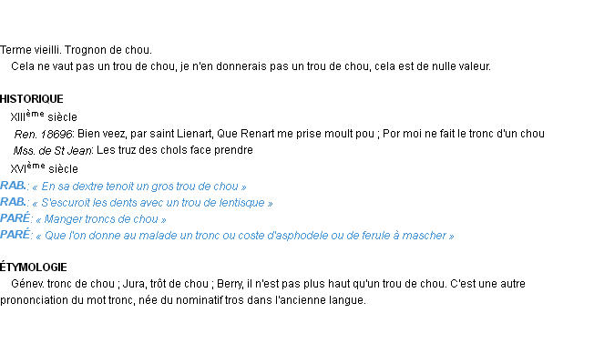 Définition trou (de chou) Emile Littré